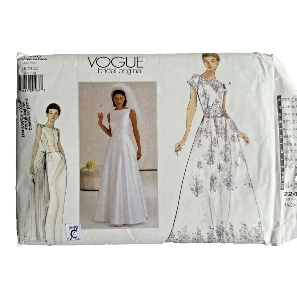 Vtg 90s Vogue Sewing Pattern 2240 Bridal Gown Dress Wedding Formal PLUS Sz 18-22